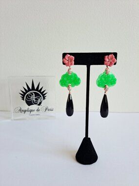 New Angelique de Paris Green Jade Flower Dangle Earrings